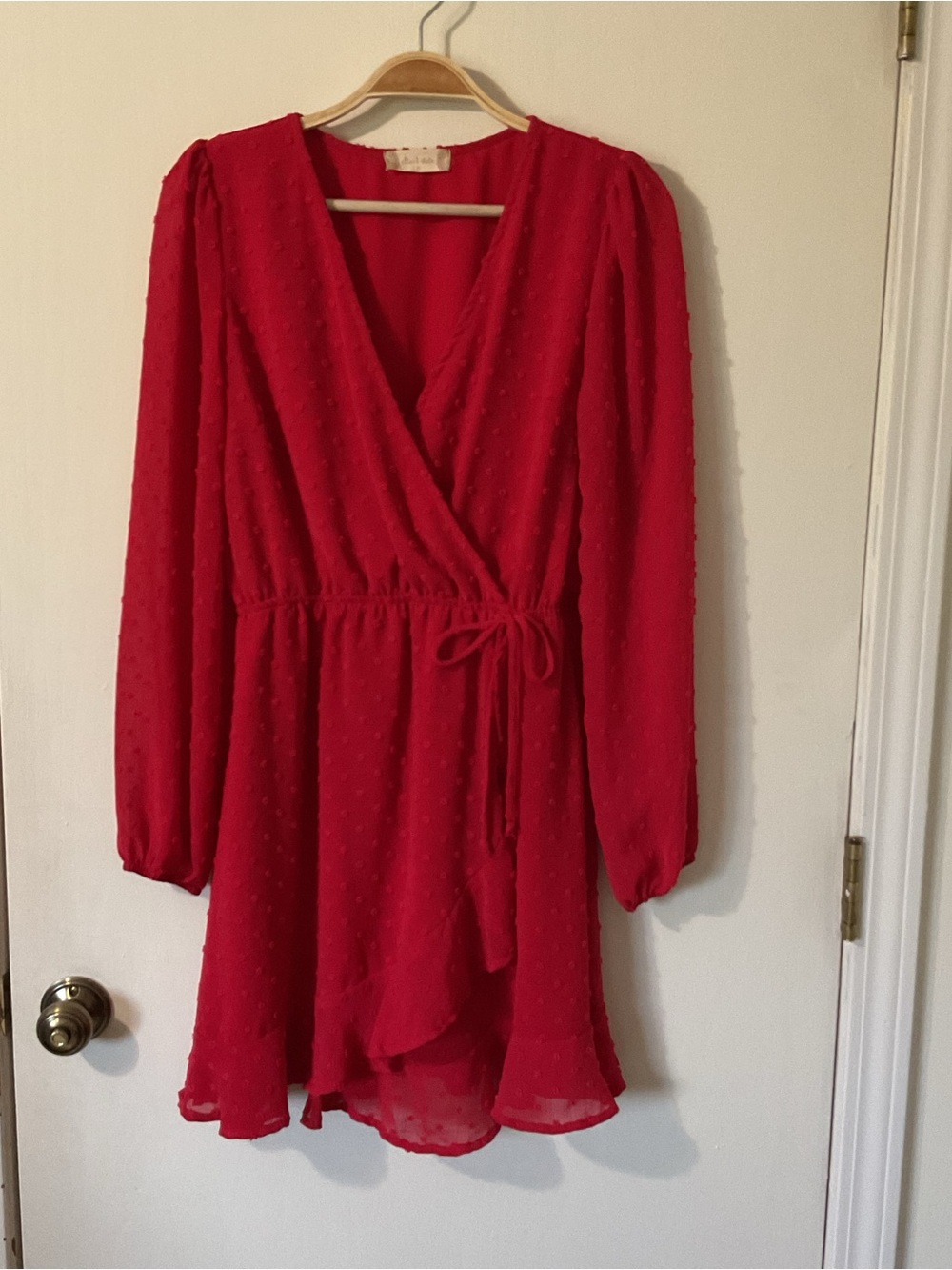 Lipstick Red Romanic Swiss Dot Long Sleeve V-Neck Mesh Coquette Mini Dress Sz S